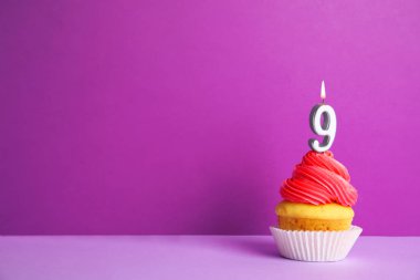Mor arka plan üzerinde dokuz numaralı mum ile Doğum günü cupcake, metin için alan
