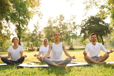 İnsanlar sabah parkta yoga yapıyor.