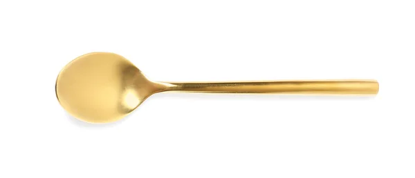 Κομψό καθαρό χρυσό κουτάλι σε λευκό φόντο, πάνω όψη — Φωτογραφία Αρχείου