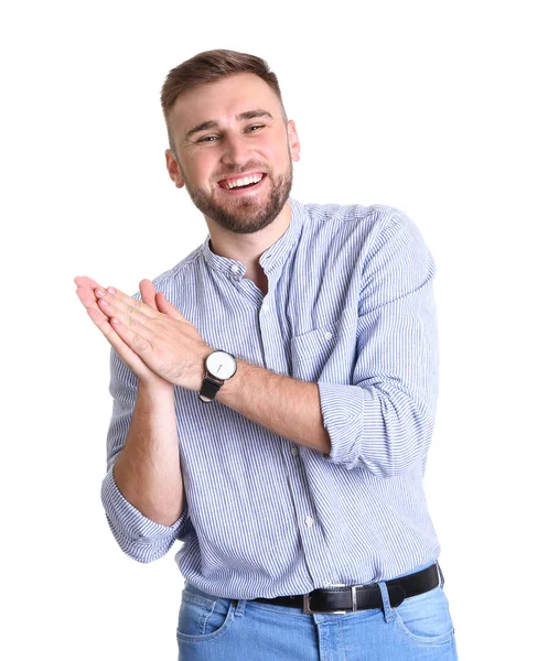 Portret van knappe gelukkige man op witte achtergrond — Stockfoto