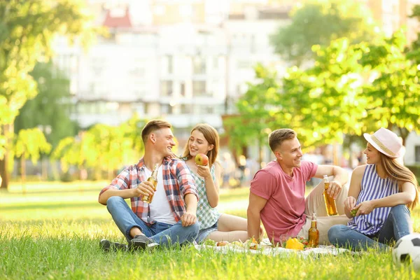 Jonge mensen genieten van picknick in Park op zomerdag — Stockfoto