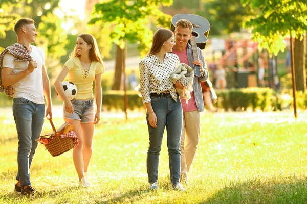 Jóvenes con cesta de picnic en el parque el día de verano — Foto de Stock