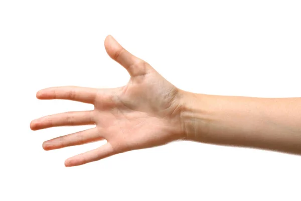 Jonge vrouw bereiken hand voor schudden op witte achtergrond, close-up — Stockfoto