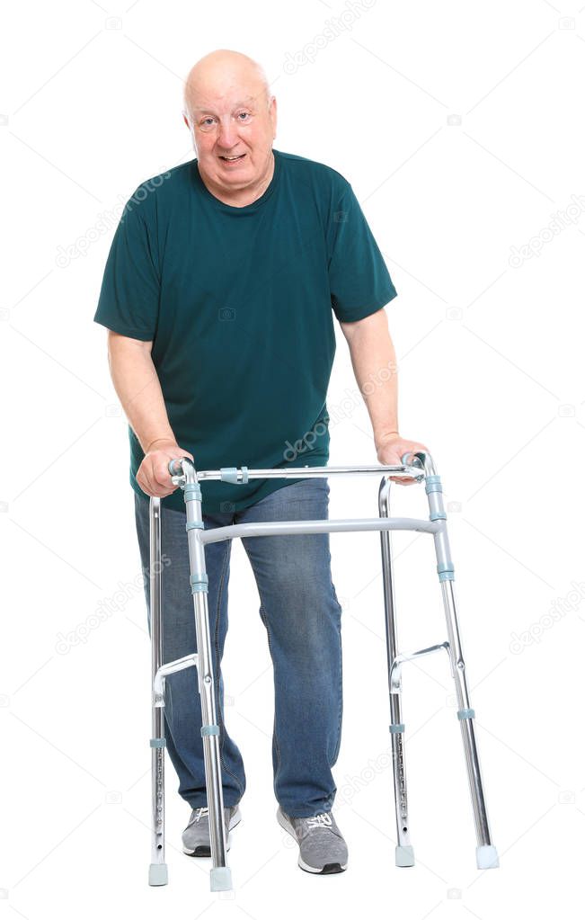 Elderly man with walking frame on white background. Medical help