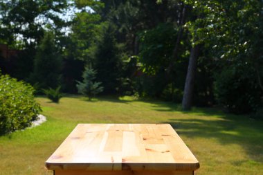 Yeşil parkta boş ahşap piknik masası, tasarım alanı