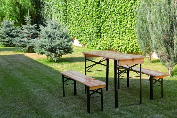 Yeşil parkta banklı ahşap piknik masası. Metin için alan