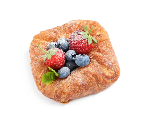 Fresh delicious puff pastry with sweet berries on white background, above view — Stock Photo, Image