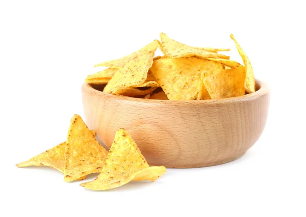 Wooden bowl with tasty Mexican nachos chips on white background — Stock Photo, Image