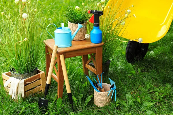 Composition with gardening tools on green grass — Stock Photo, Image