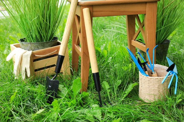 Composición con herramientas de jardinería sobre hierba verde —  Fotos de Stock
