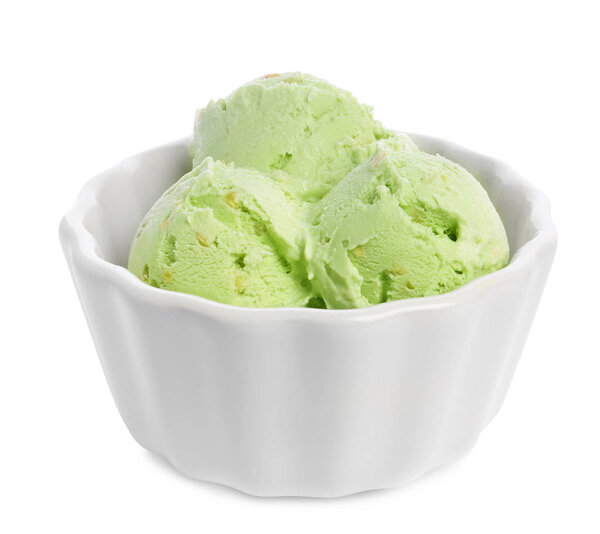 Bowl of sweet pistachio ice cream on white background