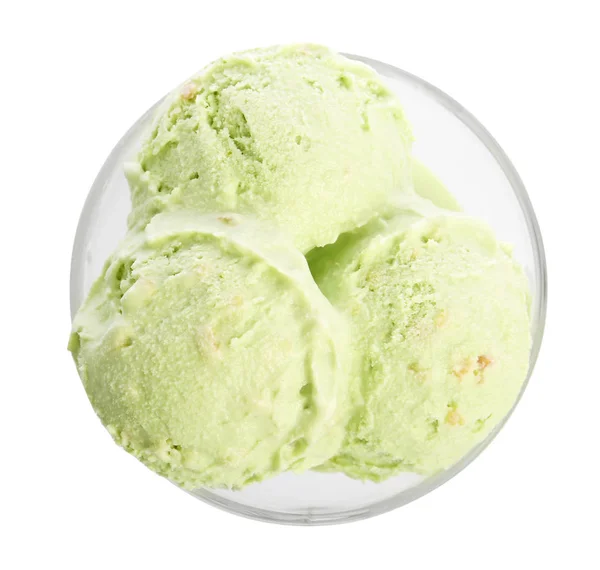 Dishware of sweet pistachio ice cream on white background, top view — Stock Photo, Image