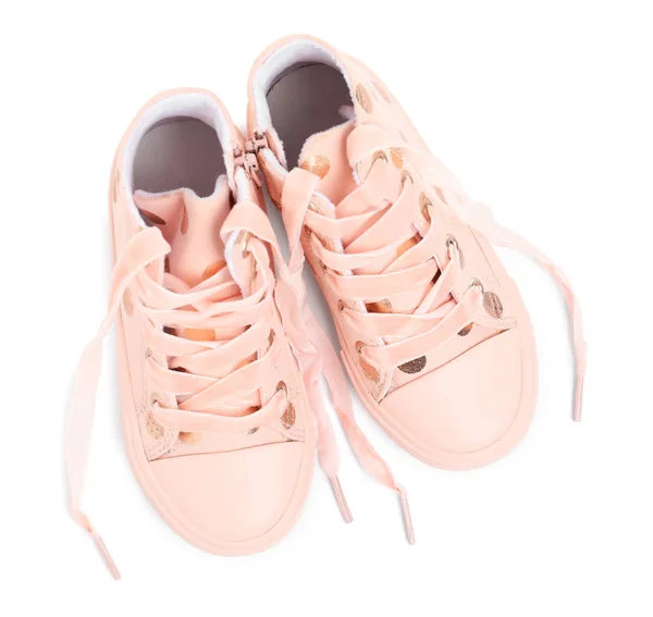 Dvojice stylových dětských bot na bílém pozadí, pohled shora — Stock fotografie