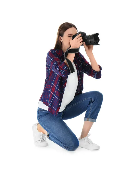 Profesionální fotograf fotografý na bílém pozadí — Stock fotografie