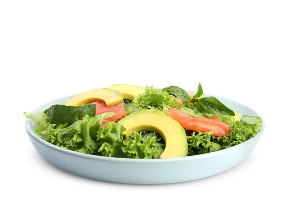 Νόστιμη σαλάτα με αβοκάντο και σολομό σε λευκό φόντο — Φωτογραφία Αρχείου