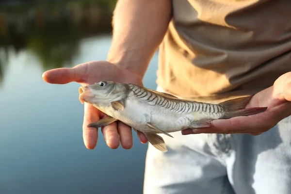 Человек держит пойманную рыбу на озере, крупным планом — стоковое фото