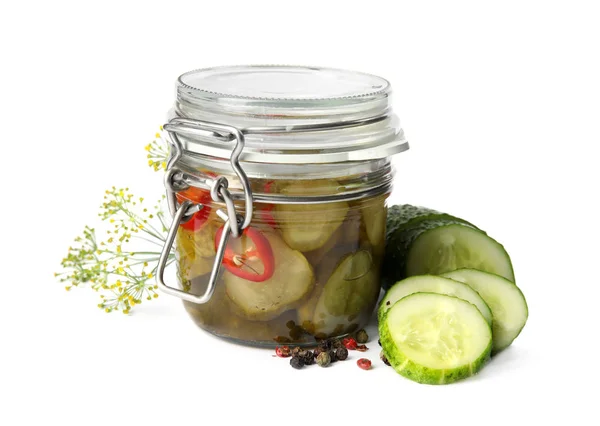 Jar with pickled cucumbers on white background — Stock Photo, Image