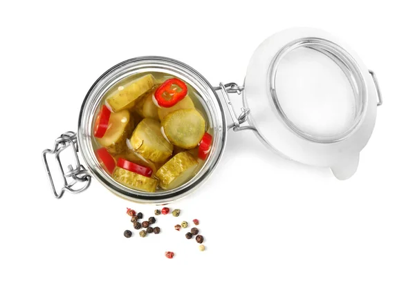 Jar with pickled cucumbers on white background, top view — Stock Photo, Image