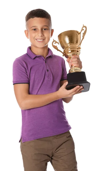 Gelukkige jongen met gouden winnende Cup op witte achtergrond — Stockfoto