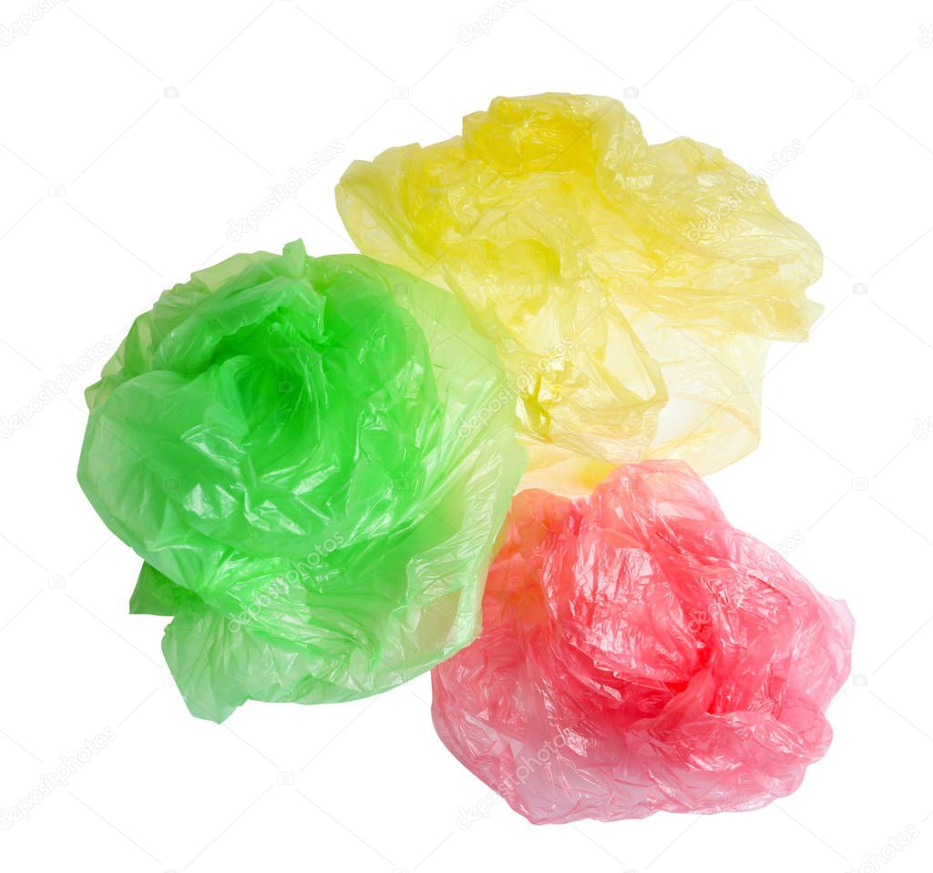 Crumpled plastic bags isolated on white, top view