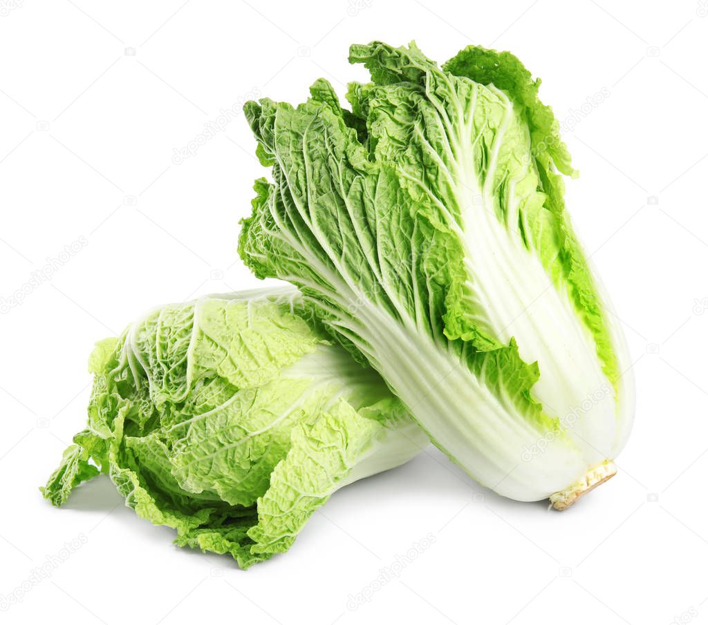 Fresh tasty ripe Chinese cabbages on white background