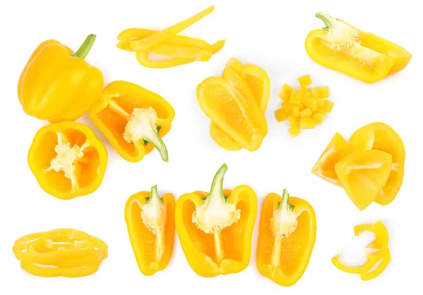 Conjunto de pimentas amarelas maduras no fundo branco, vista superior — Fotografia de Stock