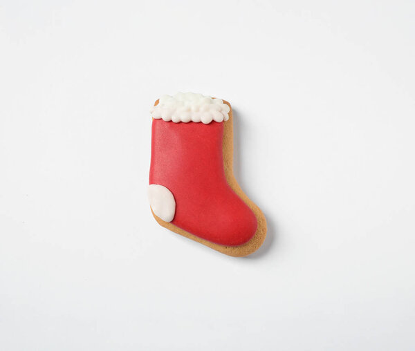 Tasty homemade Christmas cookie on white background, top view
