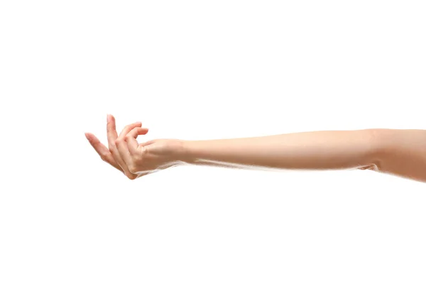 Young woman holding something on white background, closeup — Stock Photo, Image