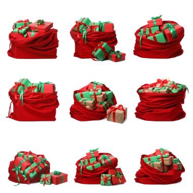 Beyaz arka plan üzerinde Noel Baba kırmızı çanta seti