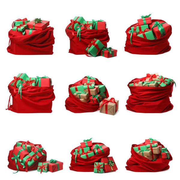 Beyaz arka plan üzerinde Noel Baba kırmızı çanta seti