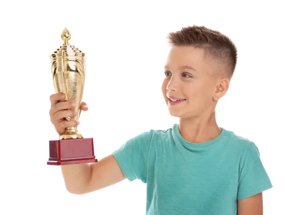 Happy Boy met gouden winnende Cup geïsoleerd op wit — Stockfoto