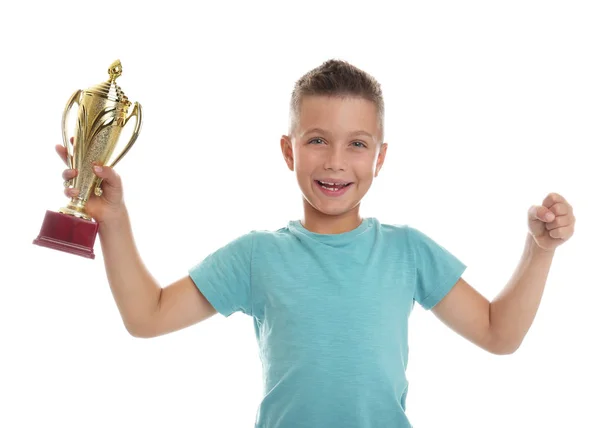 Happy Boy met gouden winnende Cup geïsoleerd op wit — Stockfoto