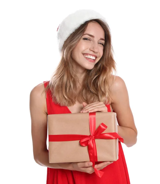 Jovem feliz em chapéu de Papai Noel com caixa de presente no fundo branco. Celebração de Natal — Fotografia de Stock