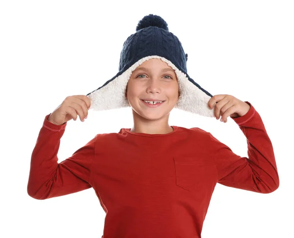 Cute Little Boy w kapeluszu na białym tle. Sezon zimowy — Zdjęcie stockowe