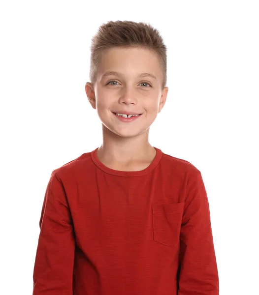 Schattige kleine jongen die zich voordeed op witte achtergrond — Stockfoto