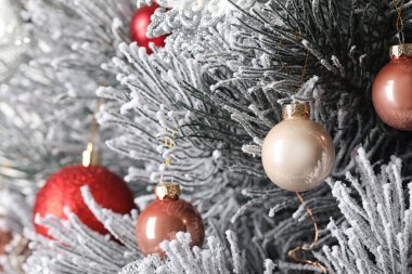 Arka planda şenlikli dekor ile güzel Noel ağacı, closeup