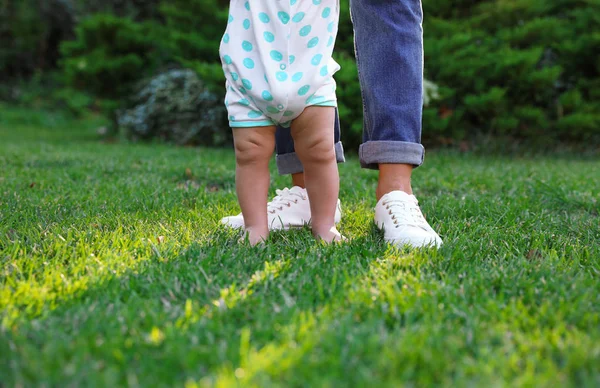 Schattige kleine baby leren om te lopen met zijn Nanny op groen gras buitenshuis, close-up — Stockfoto