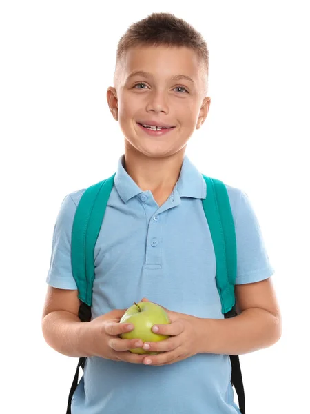 흰색 배경에 사과를 들고 행복한 소년입니다. 학교 급식용 건강식품 — 스톡 사진