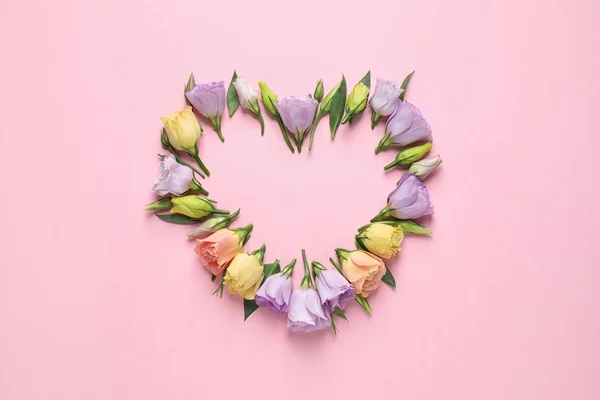 Composición plana con hermosas flores de Eustoma sobre fondo rosa, espacio para texto — Foto de Stock