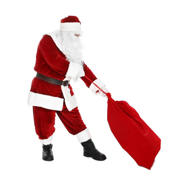 Authentique Père Noël avec sac plein de cadeaux sur fond blanc — Photo