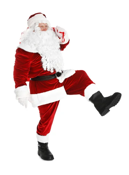 Authentic Santa Claus with bag full of gifts on white background — Stock Photo, Image