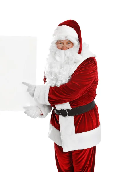 Feliz Papai Noel autêntico com banner em branco no fundo branco. Espaço para design — Fotografia de Stock