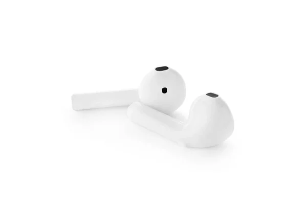 Pair of modern wireless earphones on white background