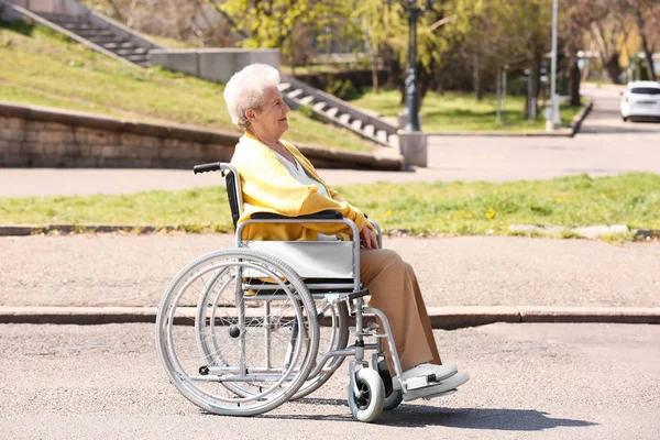 Starsza kobieta na wózku inwalidzkim w parku w słoneczny dzień — Zdjęcie stockowe