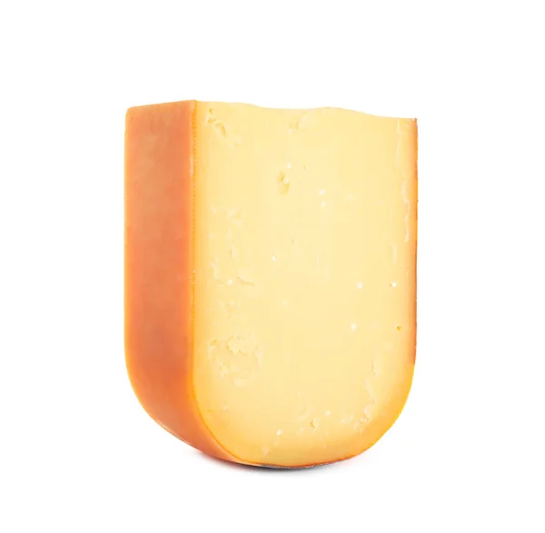 Bucată de brânză cheddar gustoasă izolată pe alb — Fotografie, imagine de stoc