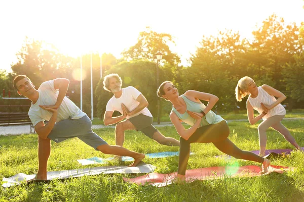 Group of people practicing morning yoga in park — Stock Photo, Image