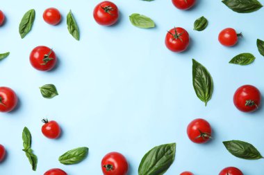 Çerçeve açık mavi arka plan üzerinde taze salata malzemeleri ile yapılan, düz yatıyordu. Metin için alan
