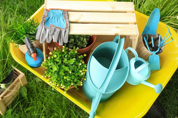 Composición con herramientas de jardinería sobre hierba verde, vista superior — Foto de Stock