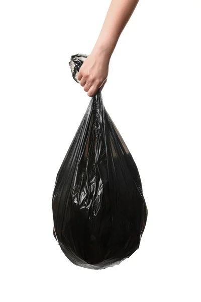 Mujer sosteniendo bolsa de basura llena de basura sobre fondo blanco. Concepto de reciclaje —  Fotos de Stock