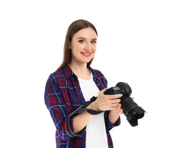 Profesionální fotograf s moderním fotoaparátem na bílém pozadí — Stock fotografie